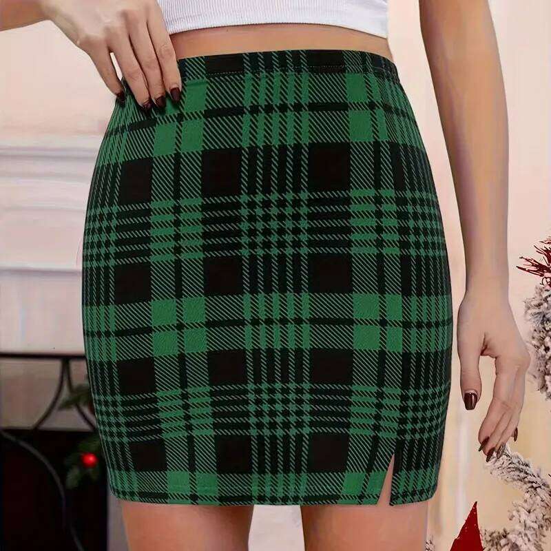 Plaid Sexy Micro Offiece Red Green Elegant Pencil Mini Skirts Streetwear High Waist Lady Short Skirt for Women Z260314