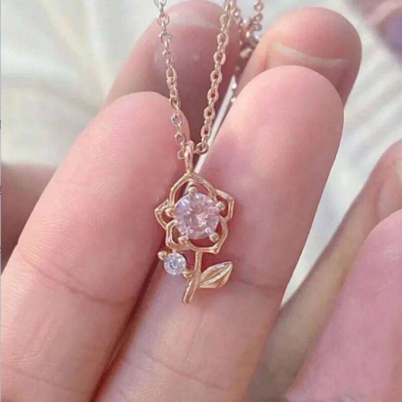 1pc Gold Pink Diamond Rose Necklace Minimalist Fashion Jewelry, Stylish Pendant Chain Suitable for Daily Wear, Party & Gat H260312