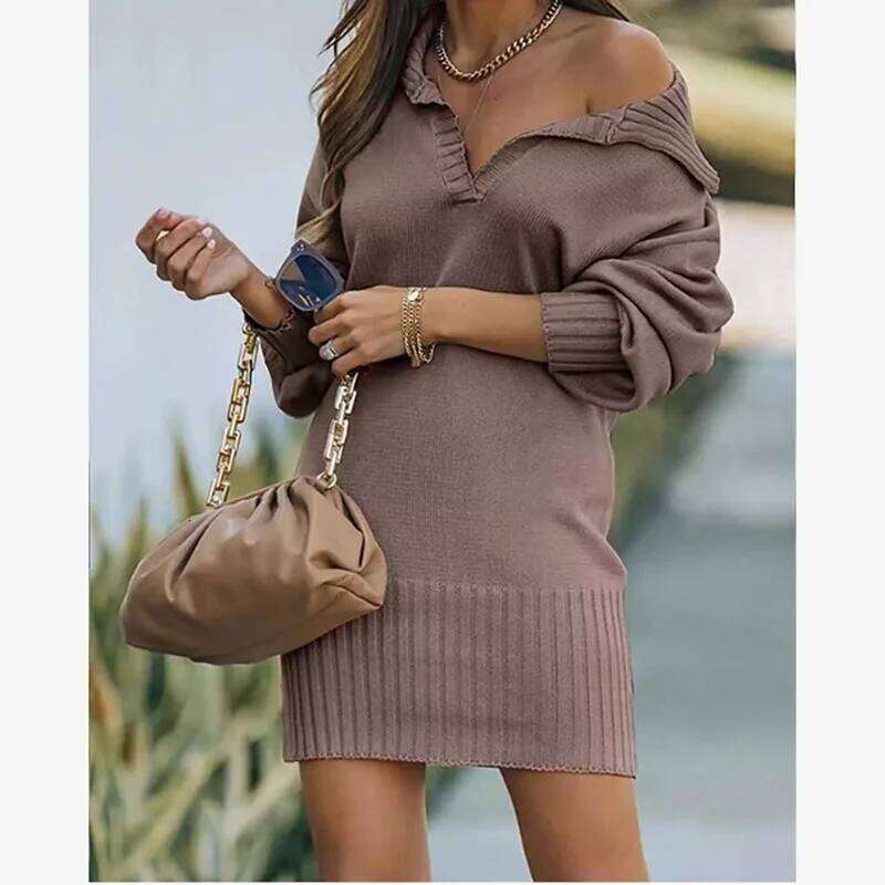 Autumn Winter Knitted Dress For Elegant Lapel Solid Lantern Sleeve Straight Dresses 2024 Fashion New Women Clothing Z260313