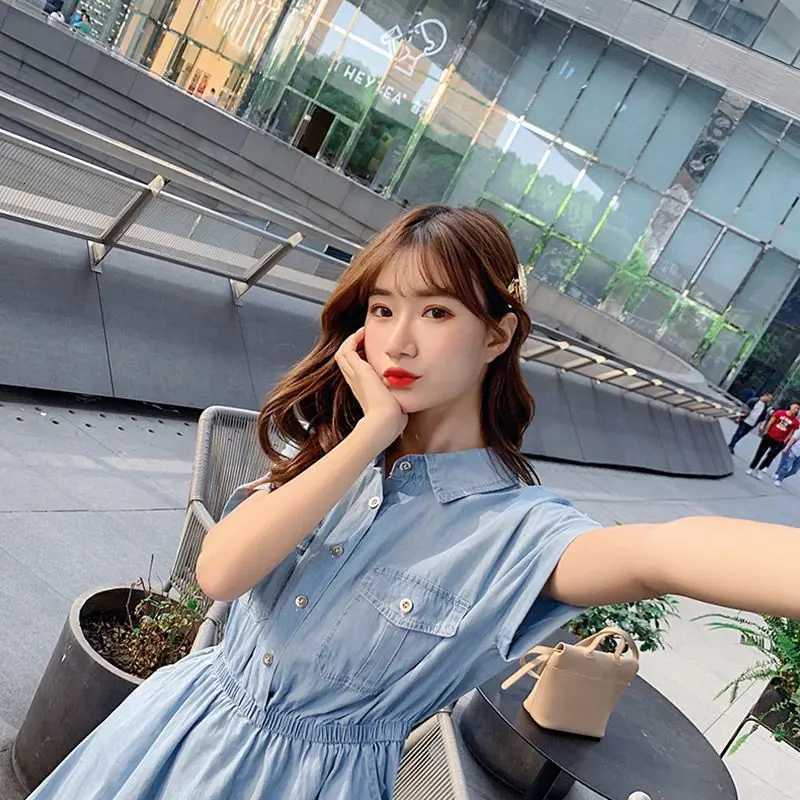 Lightweight Denim-Like Womens Dress Summer New Korean Style High-Waisted Button-Front Shirt Dress Versatile Casual Midi DressT260314