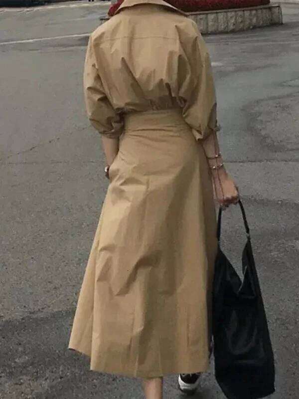 Modigirl Casual Long Shirts 2025 Summer Spring Clothes Khaki Puff Sleeves Botton Simple Maxi Dresses for Women Z260314