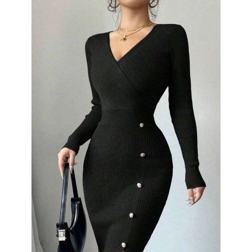 Spring Autumn Sexy Deep V-Neck Knit Dress for Women Button Long Sleeve Sweater Woman Sid Slit Budycon Dresses Ladies Clothing Z260314