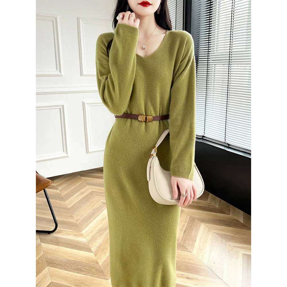 2024 New 100% Merino Wool Women Sweater V-Neck Pullover Long Dress Versatile Cashmere Knitwear Korean Popular Clothing Z260314