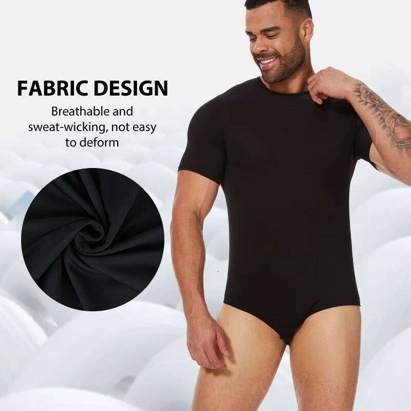 Mens Round Neck Bodysuit Short Sleeve Jumpsuit Press Crotch Underwear Adult Leotard for Shapewear Compression Romper Undershirt 26Y0313