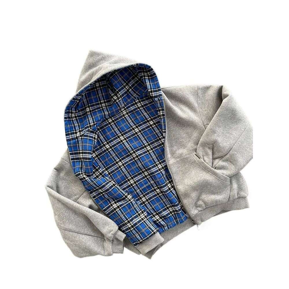 American Double-Sided Plaid Loose Zipper Hoodie Men Y2K New Harajuku Hip-Hop Gothic Couple Casual Joker Sweatshirt Street Wear Z260314