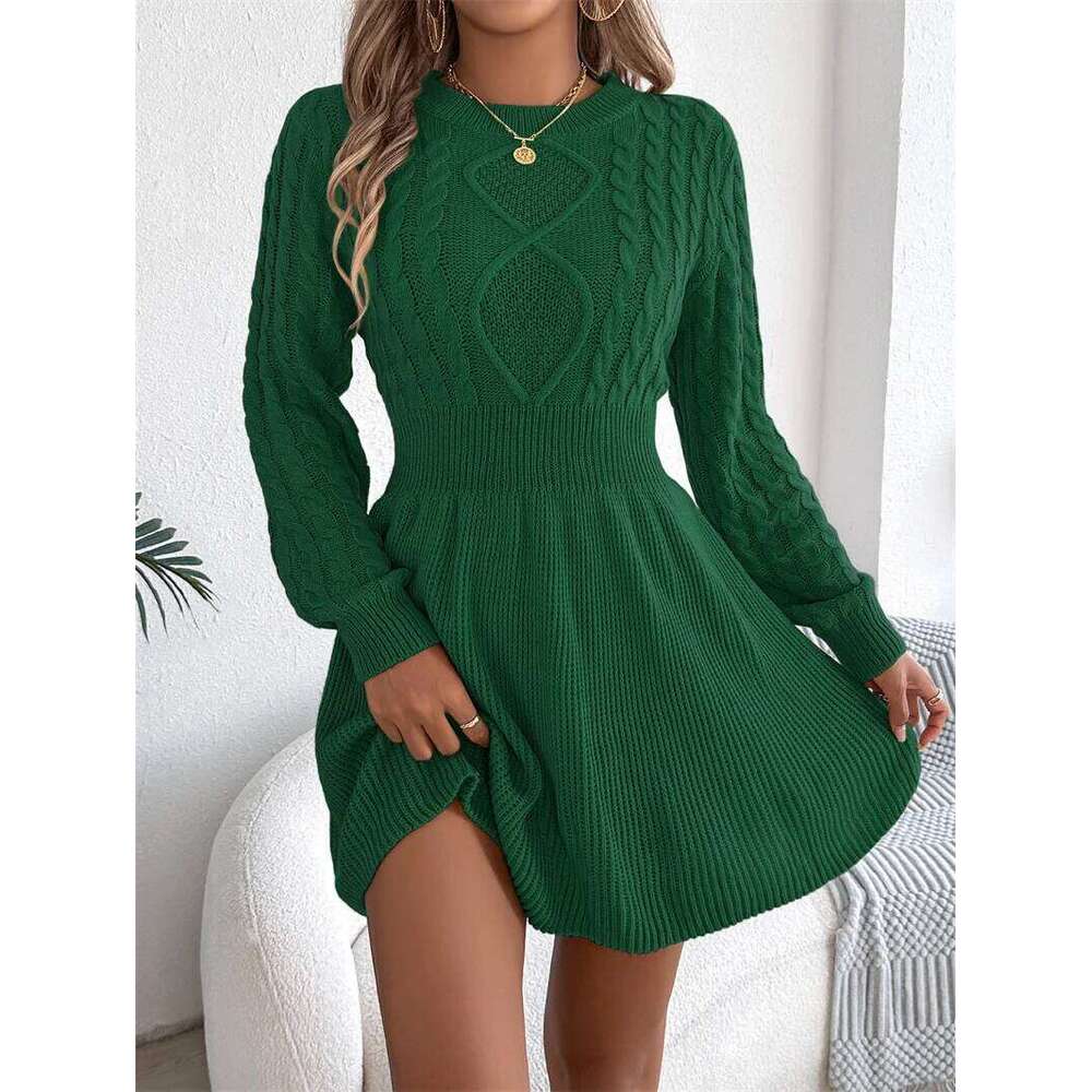 New Women's Autumn Winter Fashion O Neck Knitted Sweater Dress Female Casual Solid Lantern Long Sleeved Warm Mini Length Dresses Z260313
