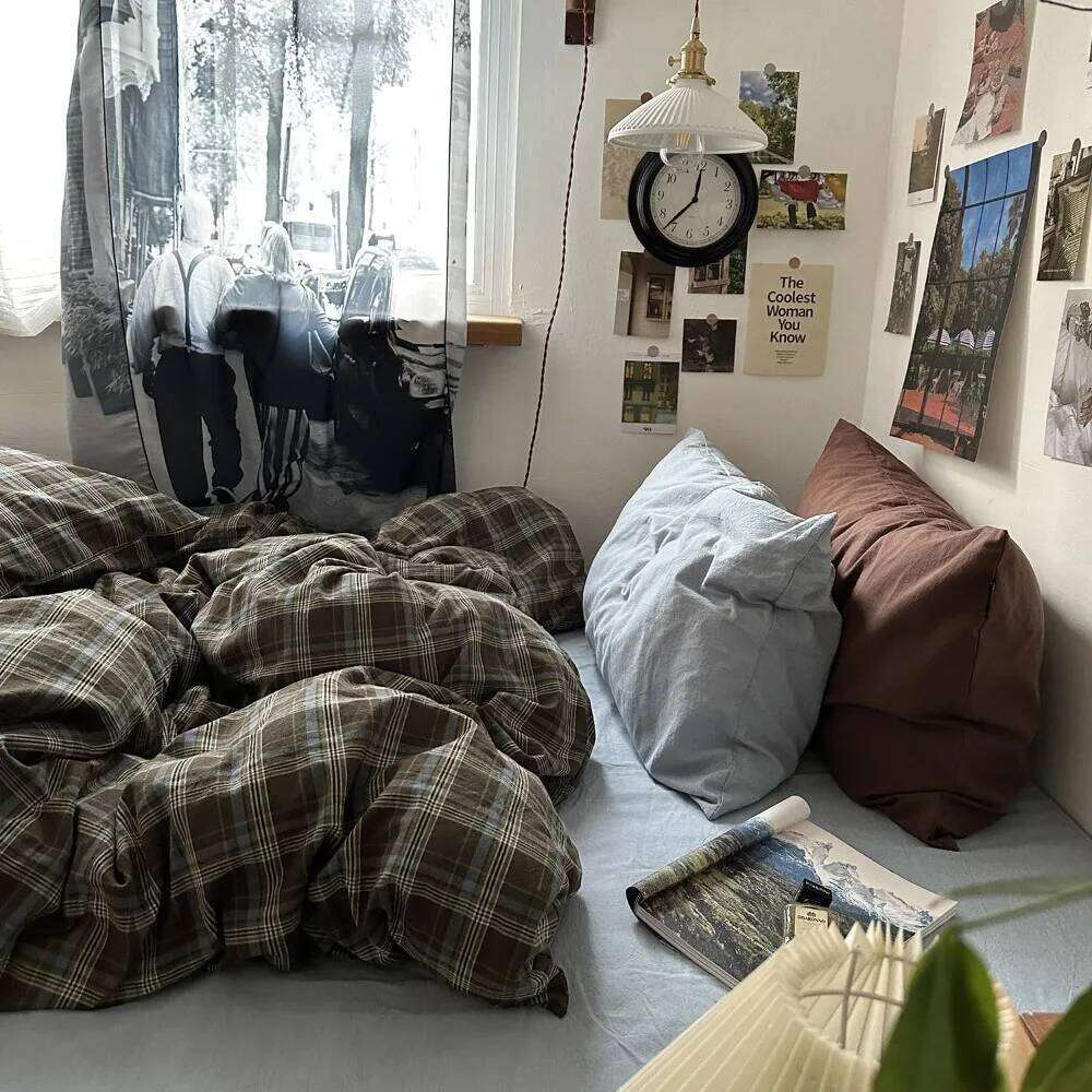 Queen Size Blue, Brown & Green Buffalo Plaid Duvet Cover Set - 3 Piece Vintage Aesthetic Bedding Set, 100% Washed Cotton, M H260312 - view 4