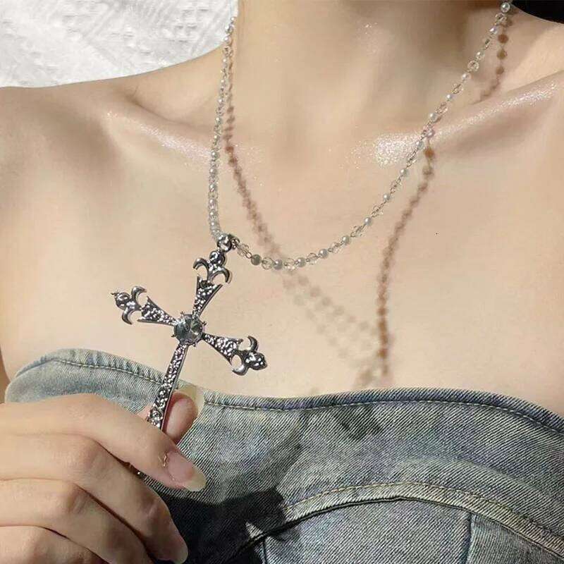 2025 Women Rhinestone Cross Pendant Necklace Y2K Hip Hop Street Creative Vintage Choker Punk Fashion Daily Jewelry Party Gifts H260312
