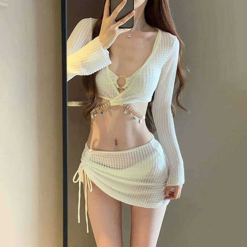 Bikini Women's Four Piece Set, Split Fashion Skirt Style, Hollow Out, Conservative, Seaside Hot Spring Soaking 26H0313
