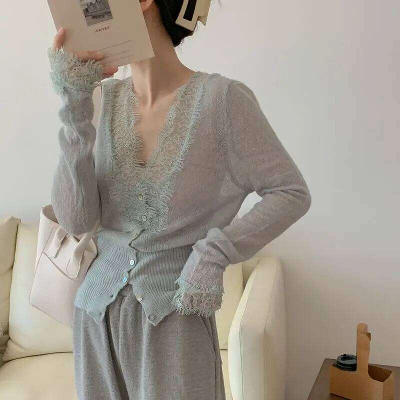 New 2025 Fashion Chic Vintage Sweater Lace Women Autumn Winter Knitted V-Neck Cardigans Elegant Tops Z260313