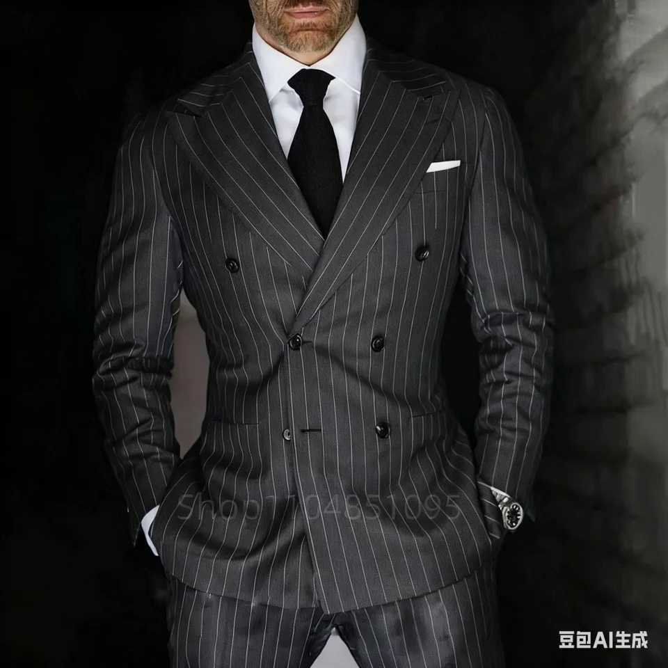 Mens 2-Piece Suit Set Slim Fit Double Breasted Lapel Formal Grey Blue Marine JaCKet And Trousers Ensemble M260313