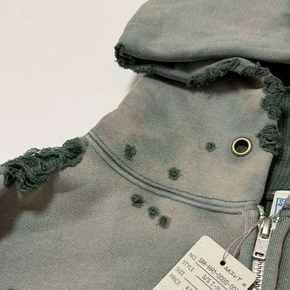 Washed Green SAINT Hole Hoodie Men Women High Quality Heavy Fabric Cardigan Hooded Pullover Z260315