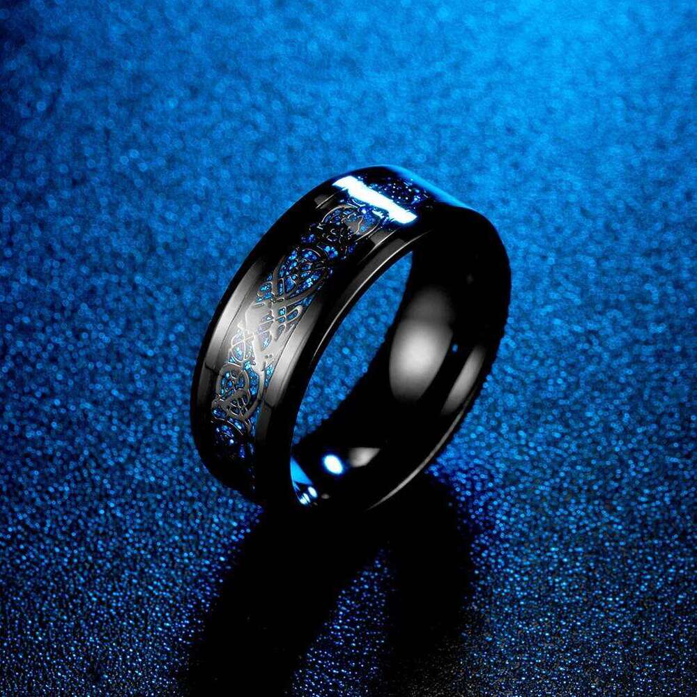 Punk Viking Dragon Black Tungsten Wedding Set For Men Stainless Steel Inlaid Blue Carbon Fiber Band Ring Bague Homme H260312