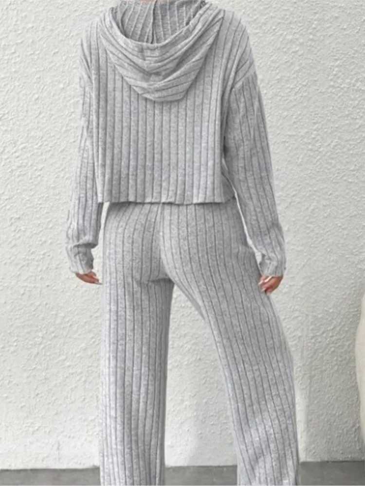 Spring Autumn Womens New Solid Color Casual Knitted Striped Hooded Sweatshirt Loose Long Sleeved Long Pants Two-piece Set M260313