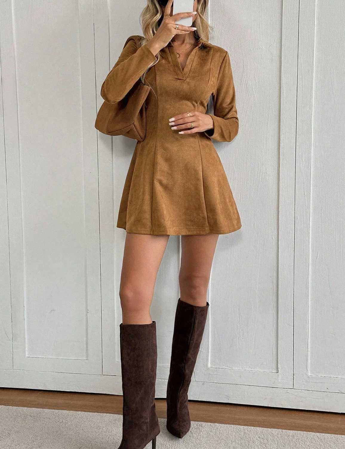2025 New Arrival Womens Camel Suede Collared V-Neck Long Sleeve Slim A-Line Mini Dress Autumn Winter Daily Date OfficeT260314