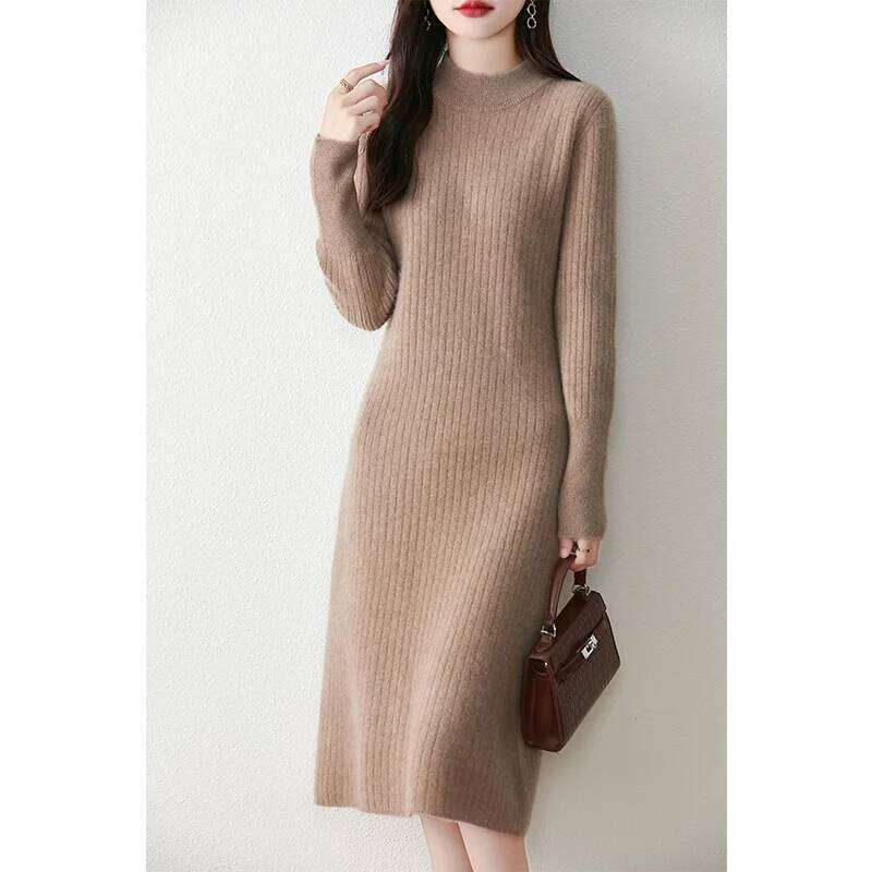 Autumn Winter Women 100% Merino Wool Half turtleneck Sleeve Warm Luxury Fashion Long Skirt Solid Color Knitted Dress Z260314