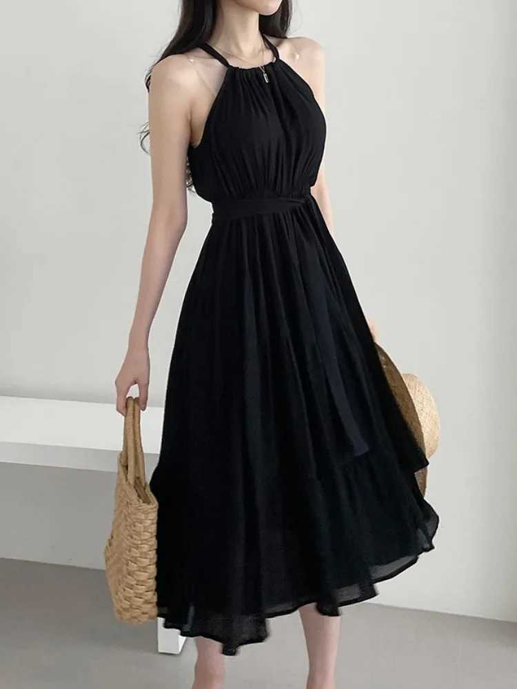 Korean Sle Chic Summer Svel Neline Waist Cinched Slimming Long Vest Dr Womens Faion Commute Wind Regular FitT260314