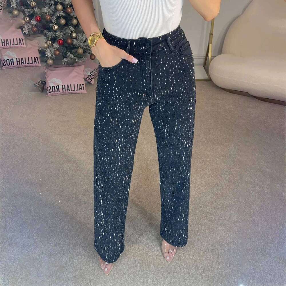 High Waist Rhinestone Jeans Women Straight Denim Pants s Vintage Ankle Length Loose Pockets Zipper Trousers Z260313