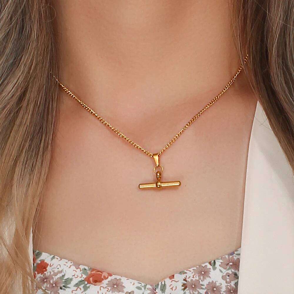 E.B.belle Stainless Steel 18K Plated Minimalist Design T Bar Pendant Necklace For Woman Girl's Ladies Gold Jewelry H260312