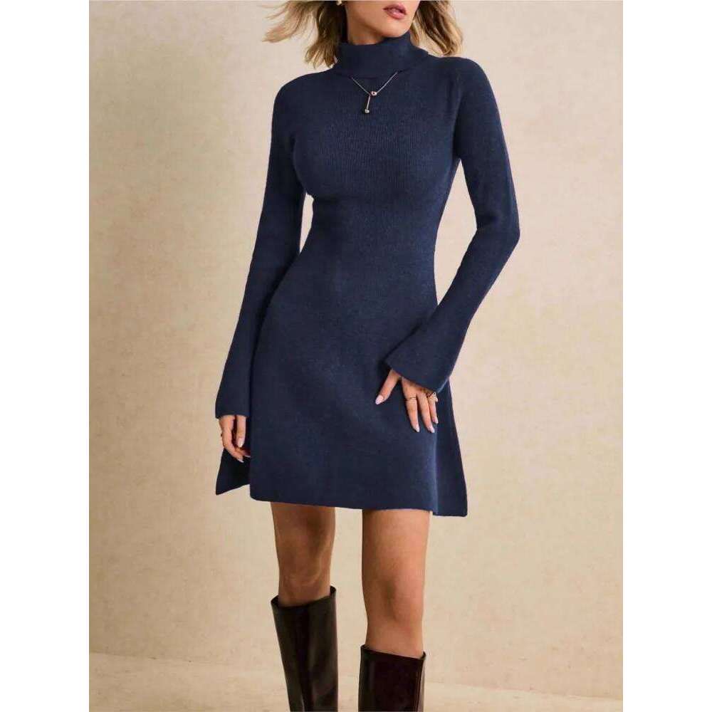 Fashion High-neck Flared Sleeve Knitted Sweater Women's Slimming Elegant Female Hip-hugging Tie One-piece Short Dress 2026 Z260313