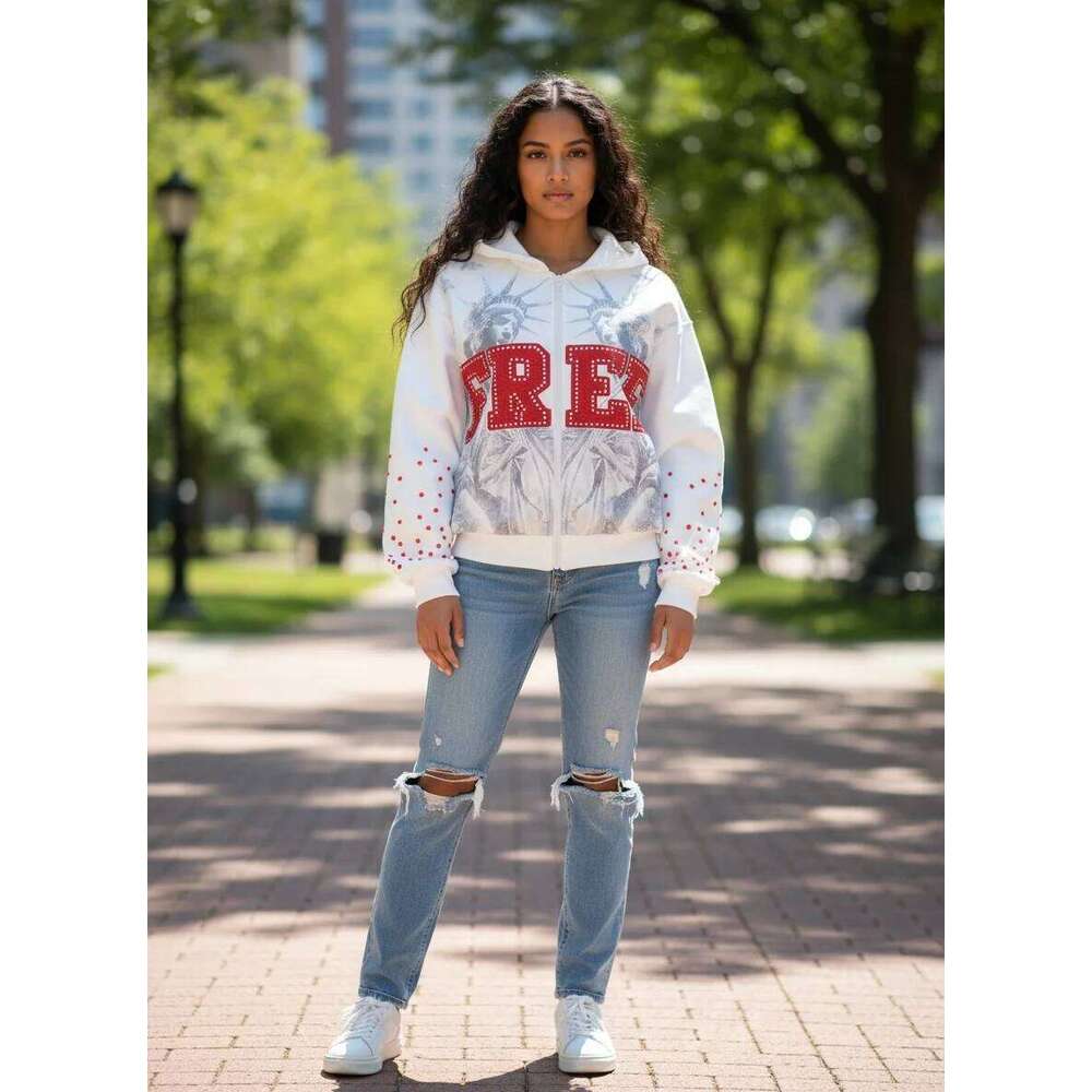 Fashionable rhinestone style loose sweatshirt, American-style embroidered casual hooded shirt Z260314