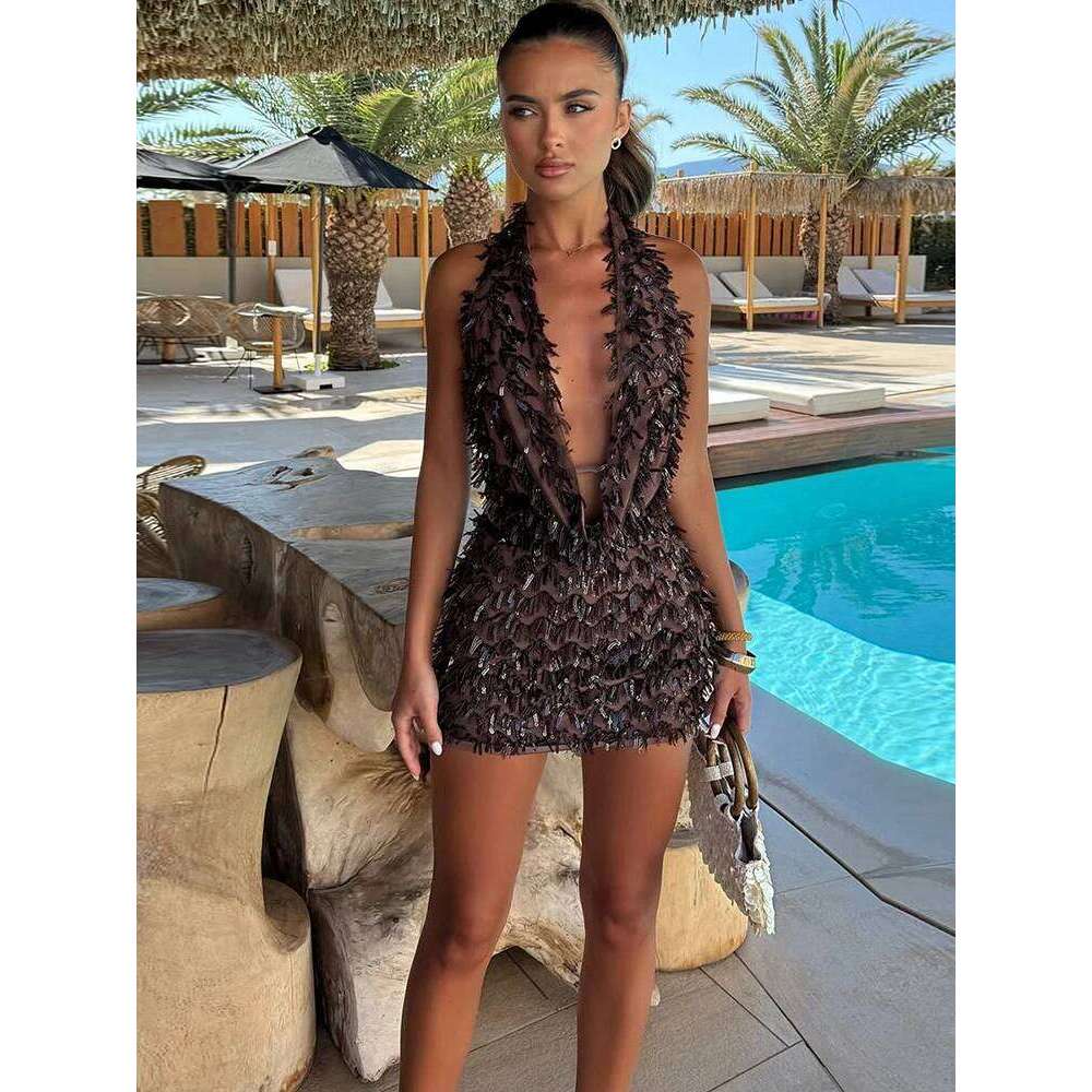 Weird Puss Sequin Tassels Piece Set Women Sexy Swing Collar Tank Tops Peach Hip Skits Midnight Summer Birthday Party Clubwear Luanyun luanyun