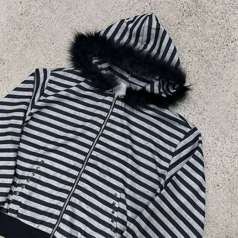 Autumn and Winter High Street Vintage Harajuku Striped Zipper American Fashionable Classic Versatile Sweatshirt emo Z260315
