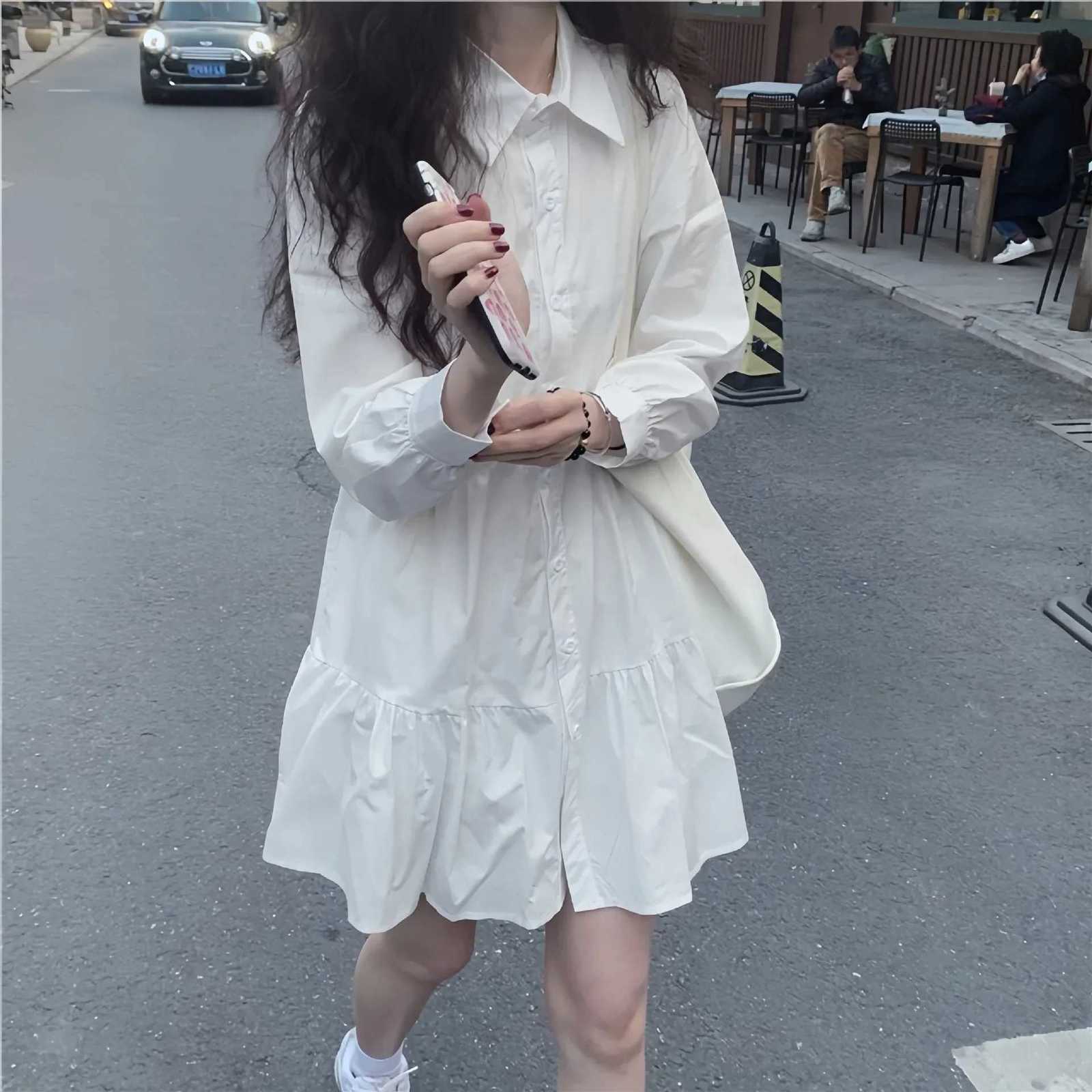 Spring Fashion French Style White Shirt Dress Womens Design Sensation Small Size Long Sleeve A- Line Dress Polo Collar Midi DreT260314