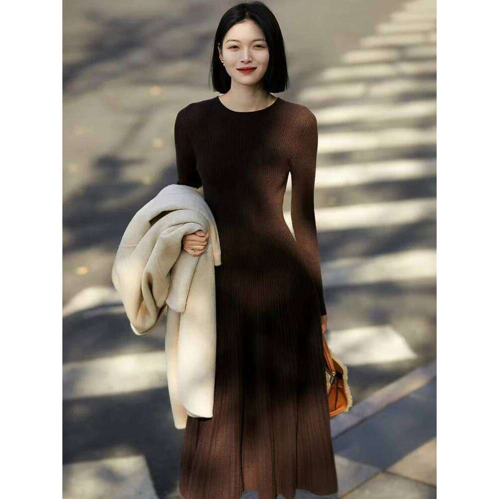 Women Sweater 100% Merino Wool A-Line Pleated Skirts Spring Autumn Pullover Cashmere Thin Slim Flare Dress O-neck Knitwear Z260314