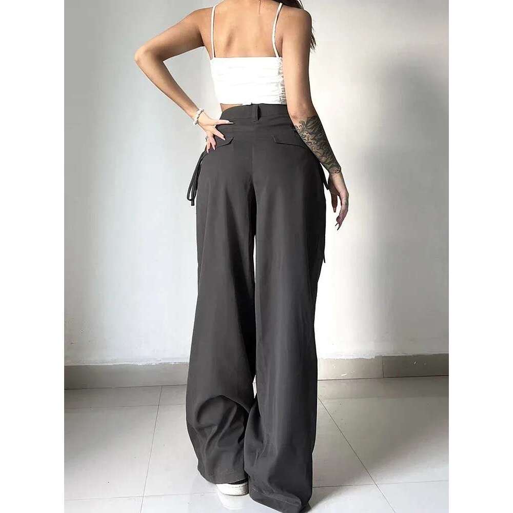 Women's Pants Shirring Casual Wide Leg Women High Waist Street Basic Loose Sweat Trousers Korean Retro Gray Office Y2K Lady Z260312