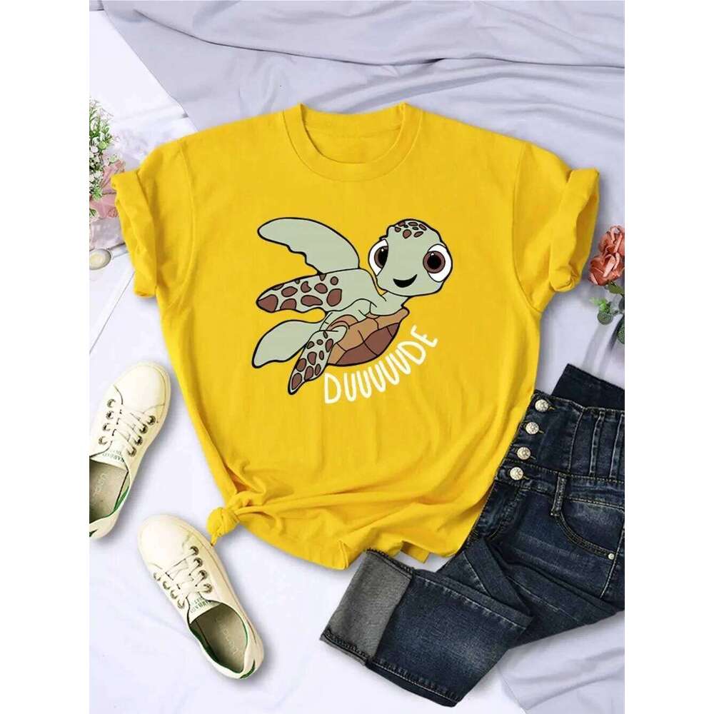 Simple Women T-Shirts Cute Cartoon Turtle Letter Prints Tops O-Neck Comfortable Soft Tee Summer Casual Female Aesthetics Clothes Z260314