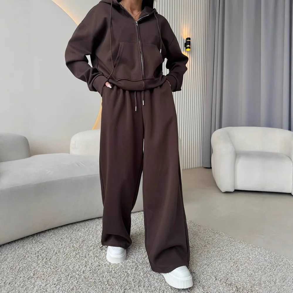 2025 Y2K Sportswear Womens Solid Color Long Sleeve Zippered Cardigan Hooded Sweatshirt Lace-up Trousers Two-piece Set M260313