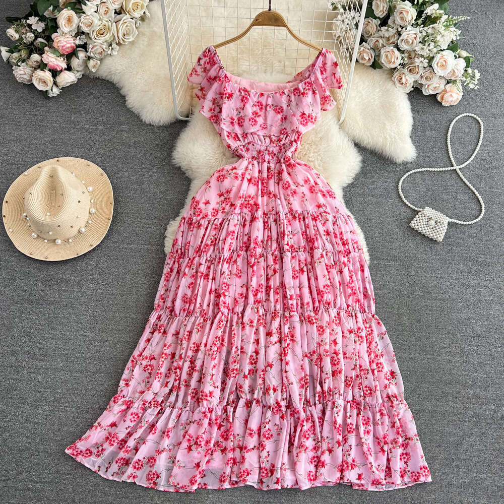 Super Immortal Seaside Resort Flower Style Gentle Square Collar Ruffle Hemp Waist Slimming A-line Chiffon Dress