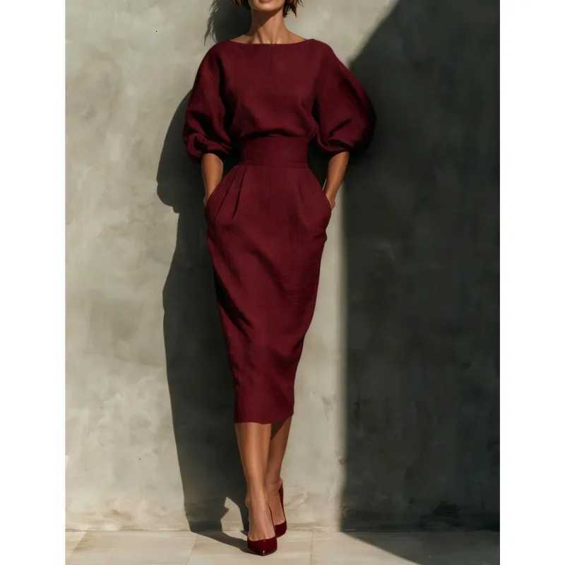 Fashion Solid color Dress 2026 Casual Puff Lantern Sleeve O-neck Pocket Slim High Waist Pleated Wrap Hip Dress Holiday VestidosT260314