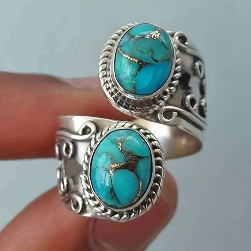 Huitan Vintage Style Opening Ring Female Anniversary Party Accessories Retro Blue Imitation Turquoise Stones Finger Jewelry Gift H260312