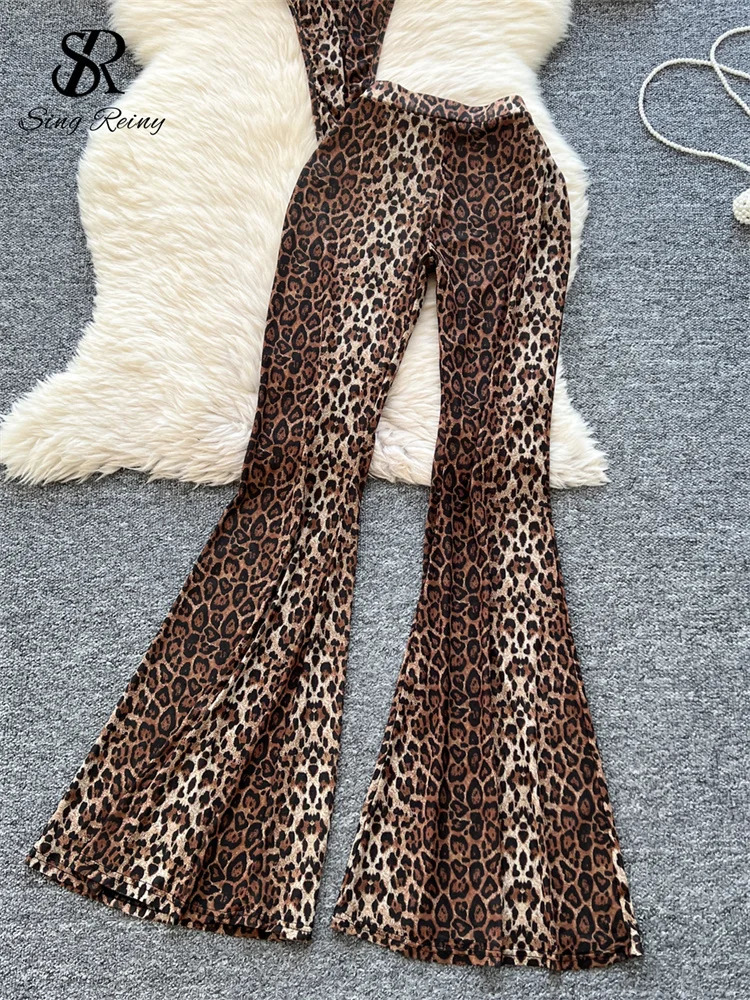 SINGREINY 2026 est Leopard 2pcs Suits Women Sexy Strap TopsElastic Waist Flared Pants American Ins Fashion sweet Sets 260309