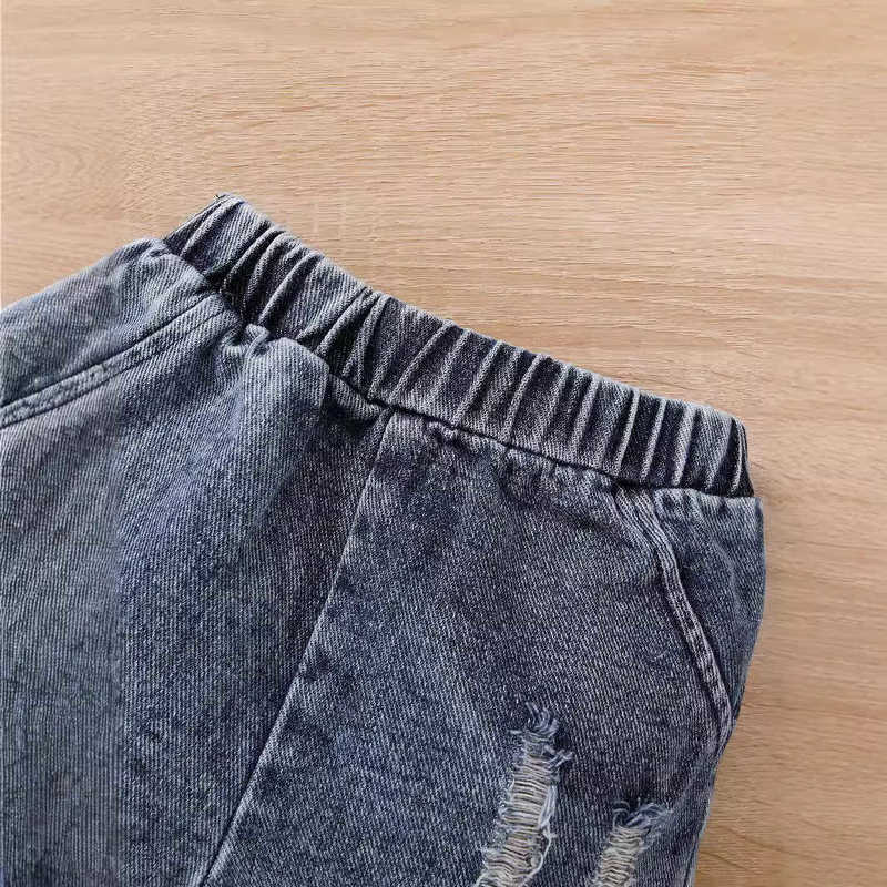 Clothing Sets Summer new style girls' patchwork top with short sleeves washed distressed children's clothing denim pants boys' denim se