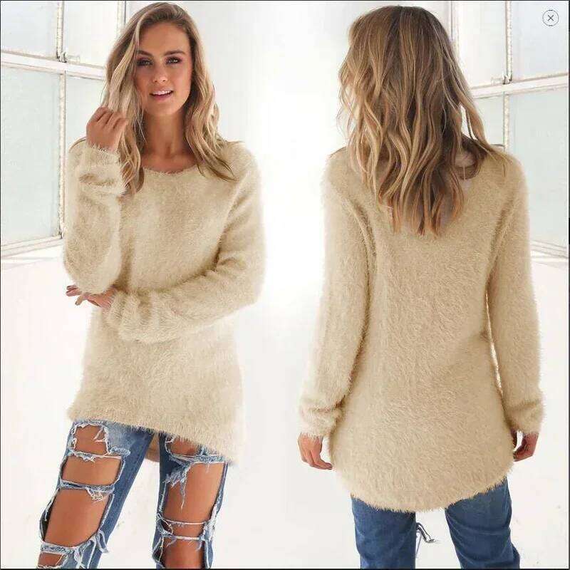 Women Warm Solid Color O Neck Loose Cotton Knitted Pullover Long Sweater Casual Oversize Blouse Ladies Hipster Clothing