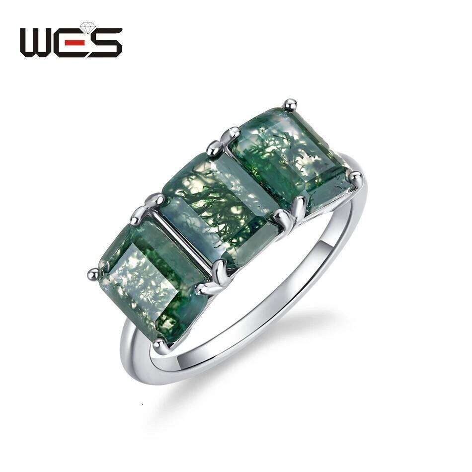WES 925 Sterling Silver Three Stones Natural 6*8mm Moss Agate Ring for Woman Luxury Jewelry Wedding Party Gift Rhodium Plated H260312