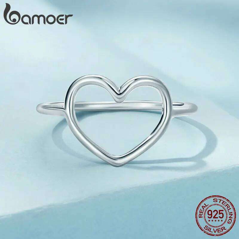 BAMOER 925 Sterling Silver Hollowed Heart Finger Rings Geometric Jewelry for Women Wedding Engagement Minimalist Statement Gift H260312