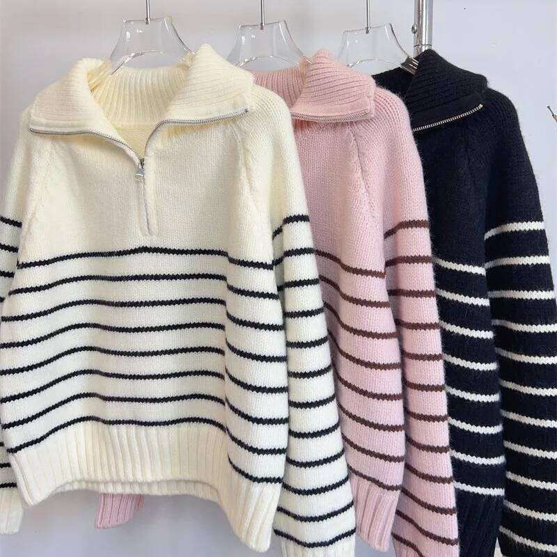 Polo Collared Striped Sweater Women Pullover Knitted Half Zip Jumper Autumn Winter Female Comfy Knitwear Casual Suter Ligero Z260313
