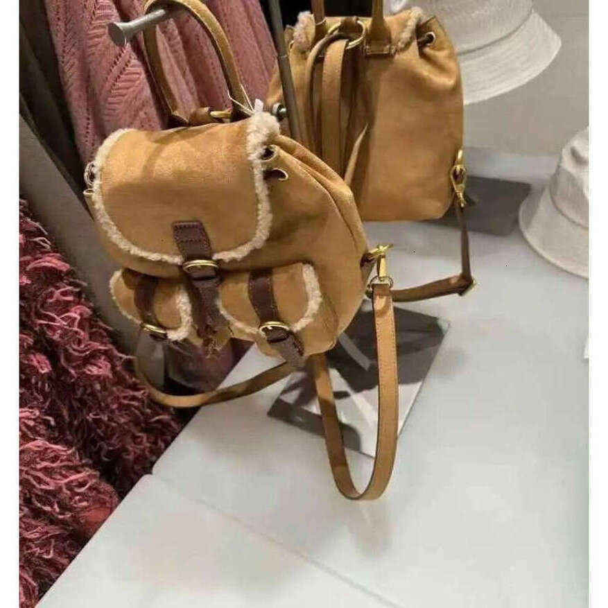 OLOEY Women Retro Imitation Suede Pocket Backpack Versatile Lamb Wool Double And One Shoulder Autumn Winter New Khaki Handheld Bag Premium Backpack