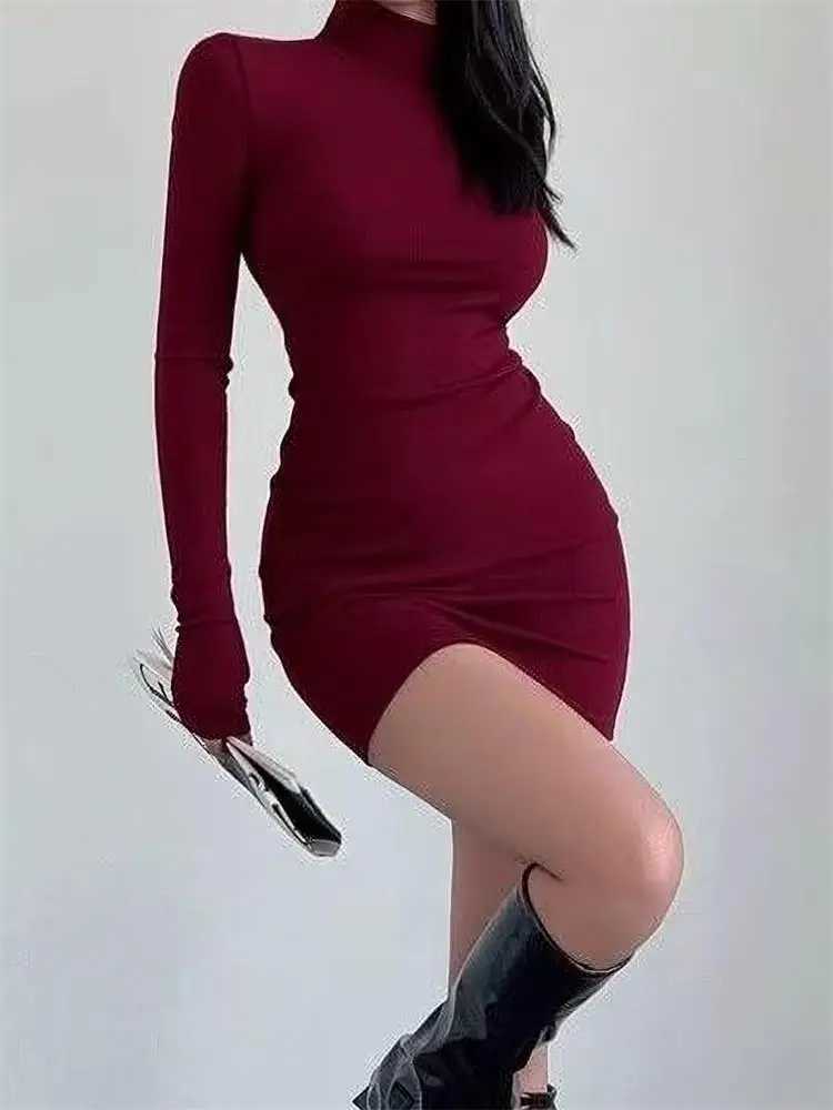 Red Half Turtleneck Mini Dress Women Y2K Long Sleeve Sexy Slim Bodycon Dress Fall Winter Ladies Streetwear Party Club VestidosT260316