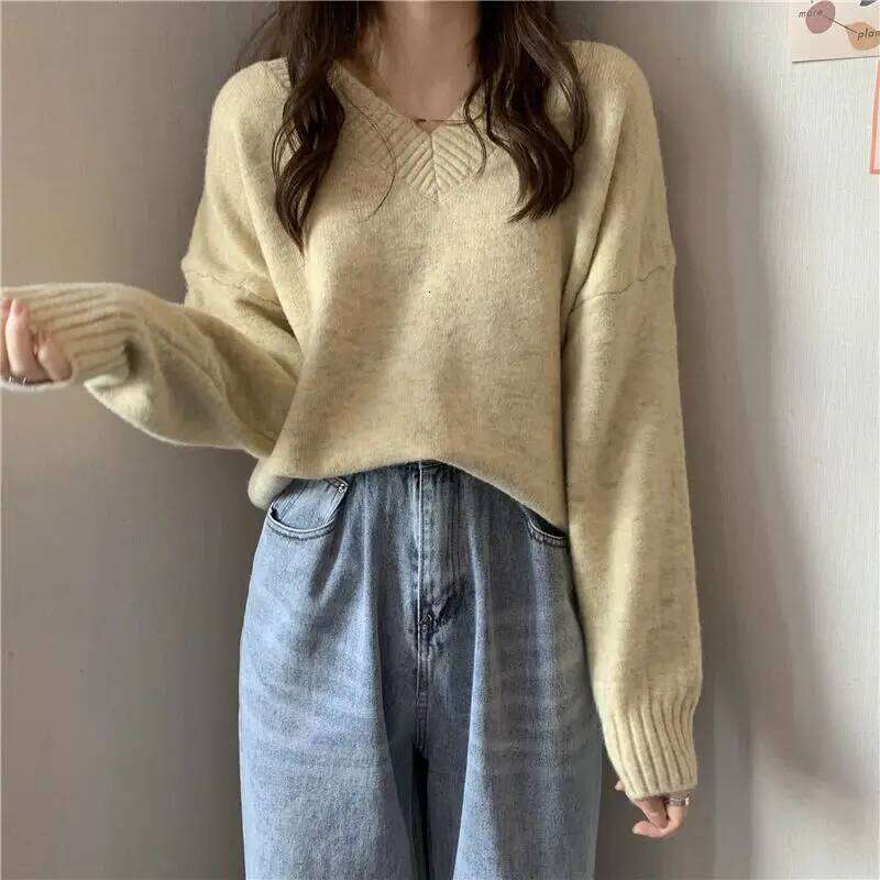 Auyumn Winter Solid Thick Sweet Pullovers V-neck Intellectual Loose Comfortable Temperament Screw Thread Women's Clothing 2022 Z260313