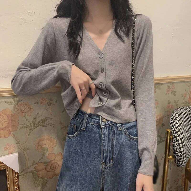 2025 Women's Long Sleeve Cropped V Neck Button Down Knit Lady Autumn Spring Knitted Single-breasted Cardigan Sweaters Z260313
