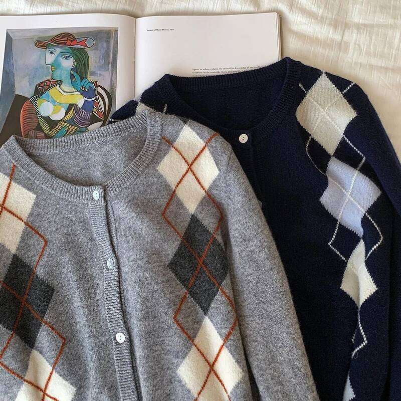 WinvyNee Women's Merino Wool Cardigans Long Sleeve Sweaters O Neck Argyle British Casual Knitted Winter Cropped Coats B1523040 Z260314