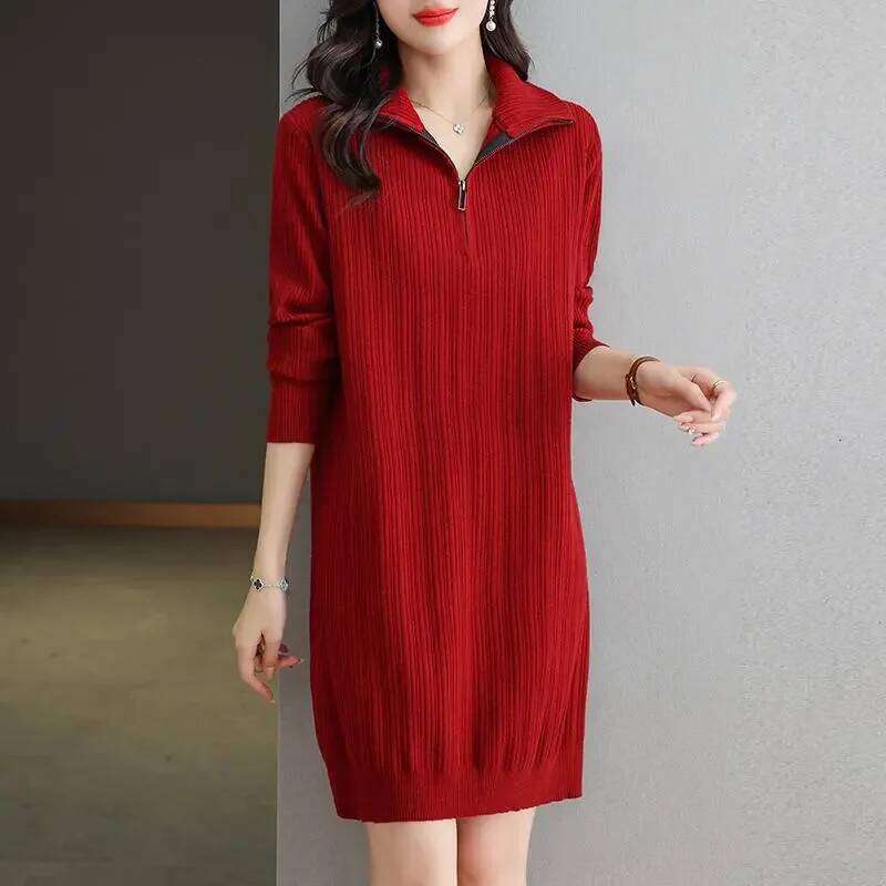 Red Knit Dress With Half Zipper Polo Neck Three Quarter Sleeve Loose Fit Casual Style For Women Autumn Winter Wear Z260313