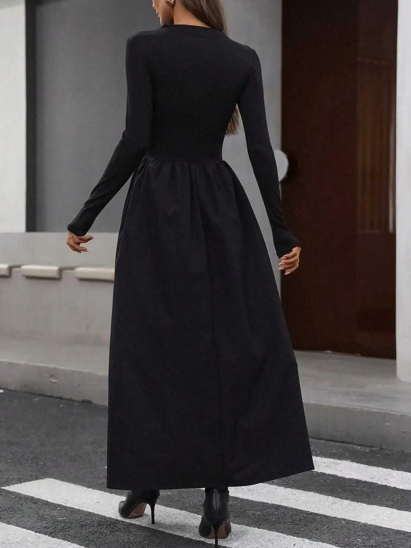 Womens Black Mock Neck Long Sleeve Maxi Dress High Waisted Flowy Skirt Slim Fit Elegant Casual Daily Office Date WearT260314