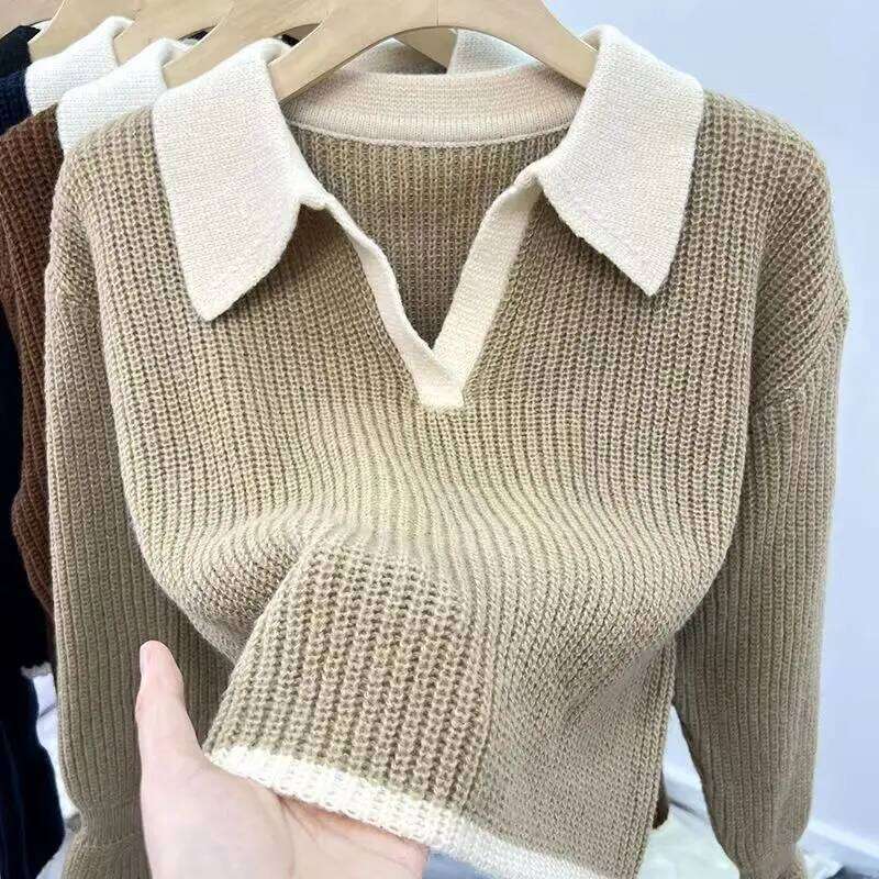 Knitted Sweater POLO Autumn Winter Korean Edition New Lazy Style Soft Glutinous Outer Loose Small Bottom Casual Top Z260313