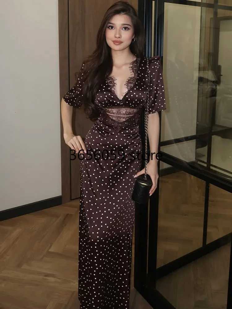 Elegant Women Brown Polka Dot Print Maxi Dress Fashion Short Sleeve Dresses Evening Ladies Street Party Vestidos 2026 SummerT260314